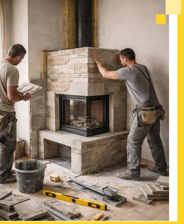 Угловые камины под ключ проект, монтаж и отделка в Луге