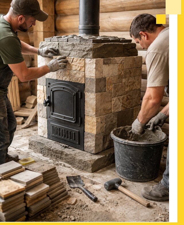 Облицовка банной печи под ключ в Луге: камень и плитка