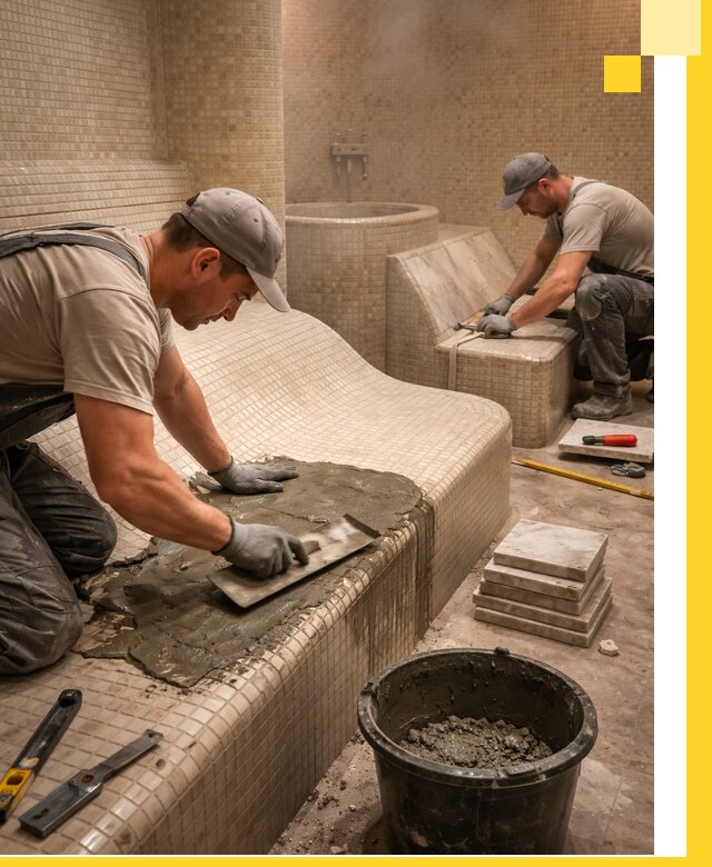 Лежаки для хамама под ключ в Луге, проект и монтаж