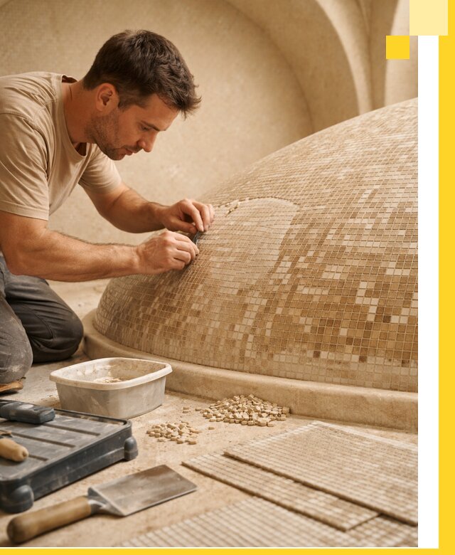 Профессиональная укладка мозаики для хамама под ключ в Луге